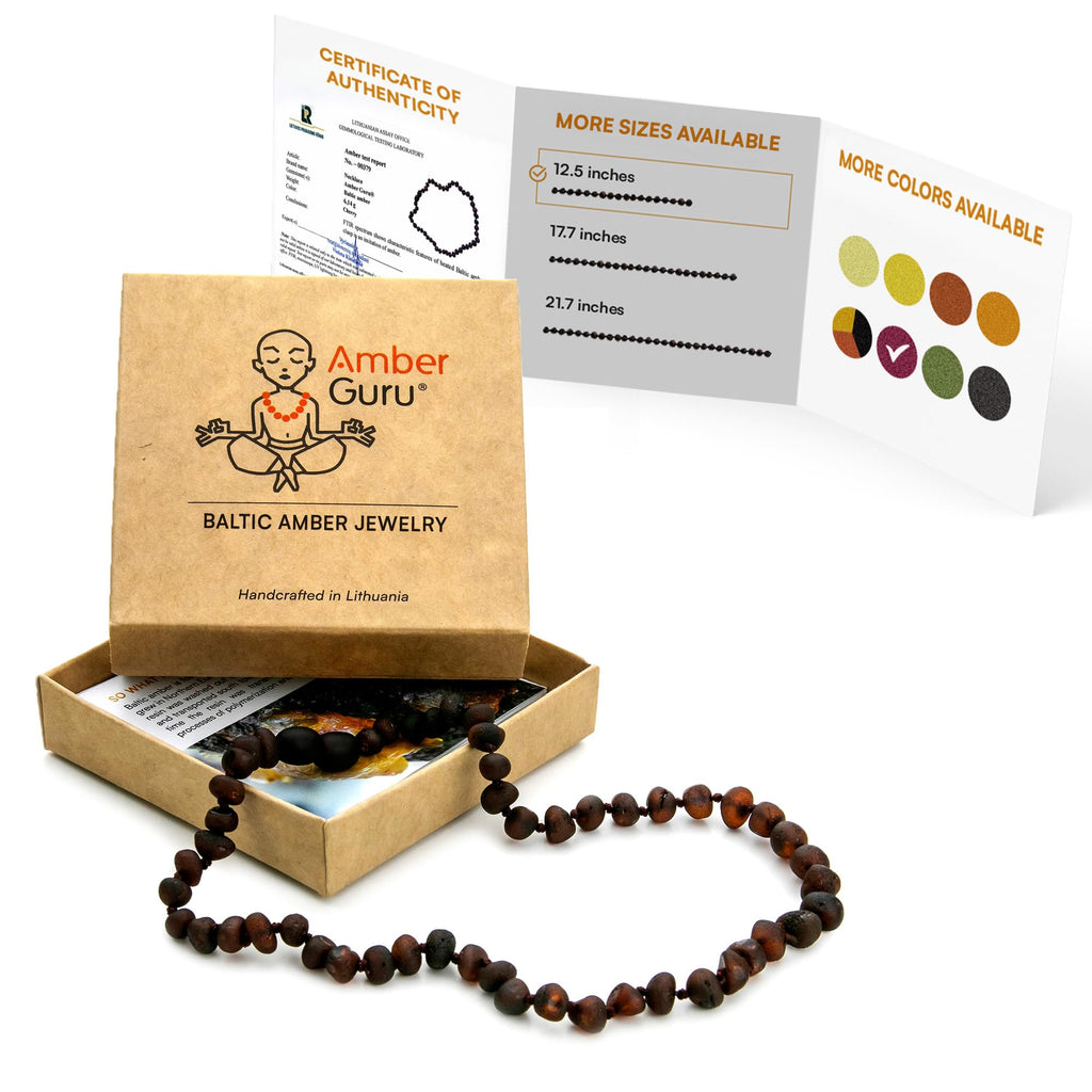 Amber Guru Baltic Amber Necklace (Authentic, Certified) - 12.5 inches - Unisex Jewelry - Cherry (Raw/Unpolished) - Real Amber Beads - Proud to Deliver Genuine Baltic Sea Wonder Handcrafted