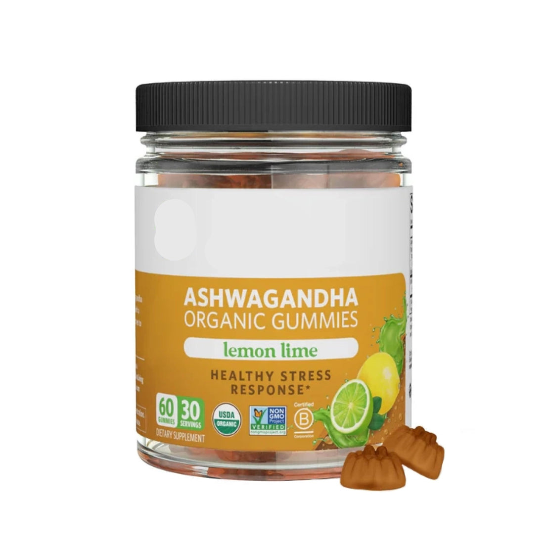 Jar of Organic India Ashwagandha Organic Gummies with lemon lime flavor on a white background