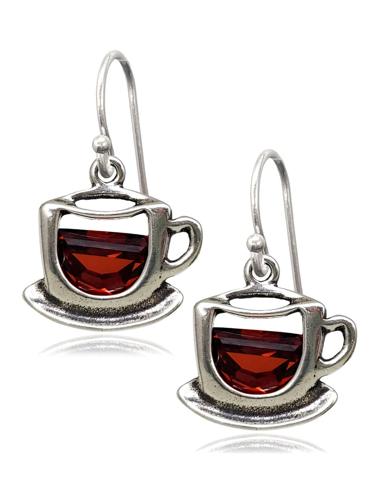 EnCharmed Sterling Silver Coffee Cup Charm Earrings with Red Cubic Zirconia, Barista Caffeine Lover Pendant Jewelry