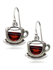EnCharmed Sterling Silver Coffee Cup Charm Earrings with Red Cubic Zirconia, Barista Caffeine Lover Pendant Jewelry
