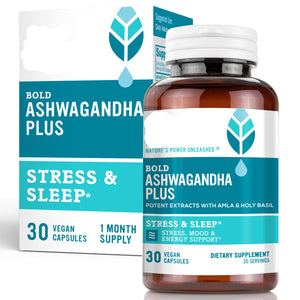 Bold Botanica Ashwagandha Plus supplement bottle and packaging on a white background