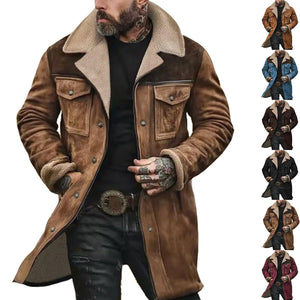 Mens Western Cowboy Vintage Suede Jacket Plush Collar Coats Faux Leather Winter Long Jackets Men Zip Up Casual Retro Tops