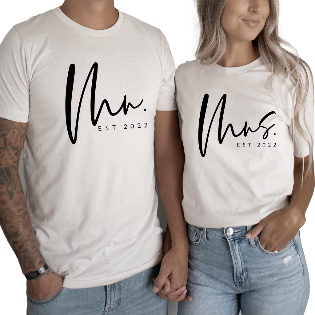 Personalized Cute Bride Gift for Engaged Custom Mrs Mr Est Graphic Shirt for Getting Married, Honeymoon White