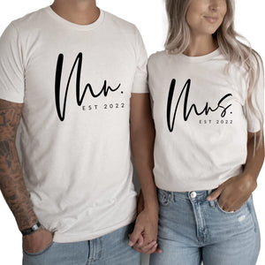 Personalized Cute Bride Gift for Engaged Custom Mrs Mr Est Graphic Shirt for Getting Married, Honeymoon White