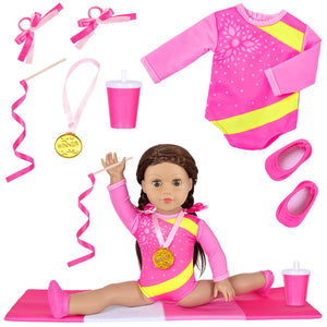 Ecore Fun 18 Inch Doll Clothes and Accessories-Olympic Gymnastics Sports Set, 8 Pack Girl Doll Clothes Gymnastics Training Oufits for Play, No Doll