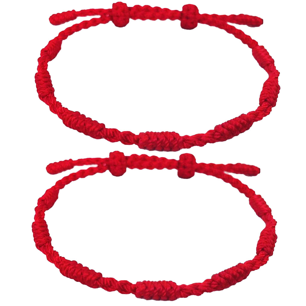 2PCS Kabbalah Red String Bracelet, 7 Knot of Protection Bracelet for Women and Men, Good Luck Handmade Buddhist Vajra Knot Protection Bracelet for Family and Friends, Double Adjustable Buckles