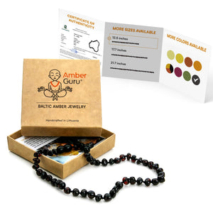 Amber Guru Baltic Amber Necklace (Authentic, Certified) - 12.5 inches - Unisex Jewelry - Black (Polished) - Real Amber Beads - Proud to Deliver Genuine Baltic Sea Wonder Handcrafted