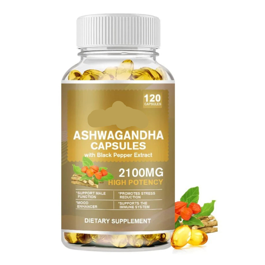 Bottle of Ashwagandha capsules with TheraSuva branding on a white background