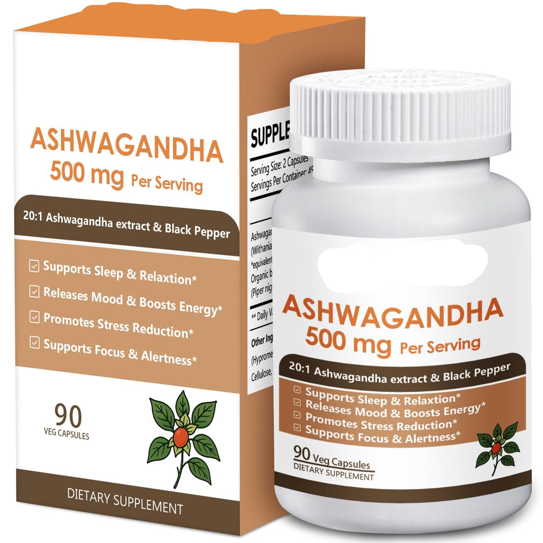 O mogs Ashwagandha supplement bottle and packaging on a white background