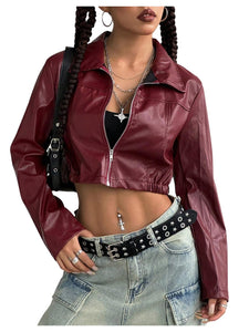 Verdusa Women's Motorcycle Leather Race Car Jacket Cropped Streetwear Lightweight Long Sleeve Outerwear