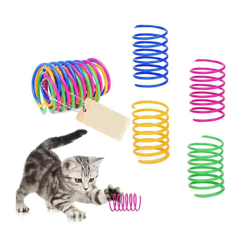 Colorful spring cat toys with a cat playing with one of them on a white background