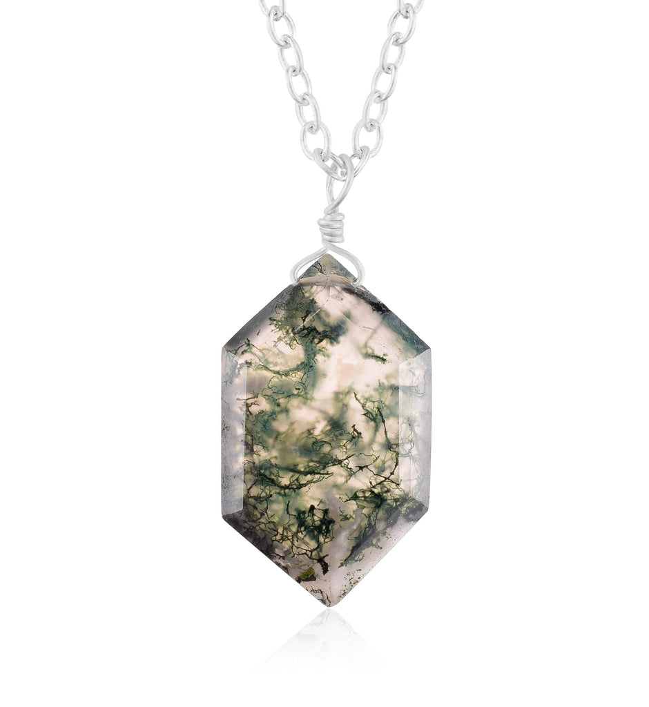 Natural Moss Agate Natural Crystals Pendant Necklace, Hexagon Cabochon Gemstone, Energy Healing Crystals, Birthday, Gift for Her, Gemstone Jewelry 18 inch AAA+ Quality (Moss Agate B)