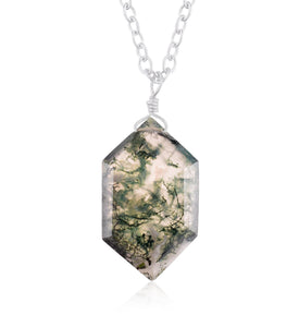Natural Moss Agate Natural Crystals Pendant Necklace, Hexagon Cabochon Gemstone, Energy Healing Crystals, Birthday, Gift for Her, Gemstone Jewelry 18 inch AAA+ Quality (Moss Agate B)