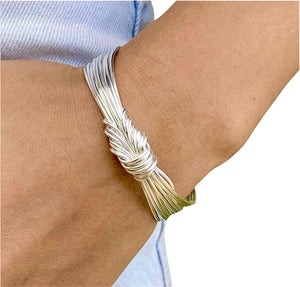 Handmade Sterling Silver Knot Cuff Bracelet, Tied White Silver Strings Minimalist Adjustable Cuff, Gift for Her