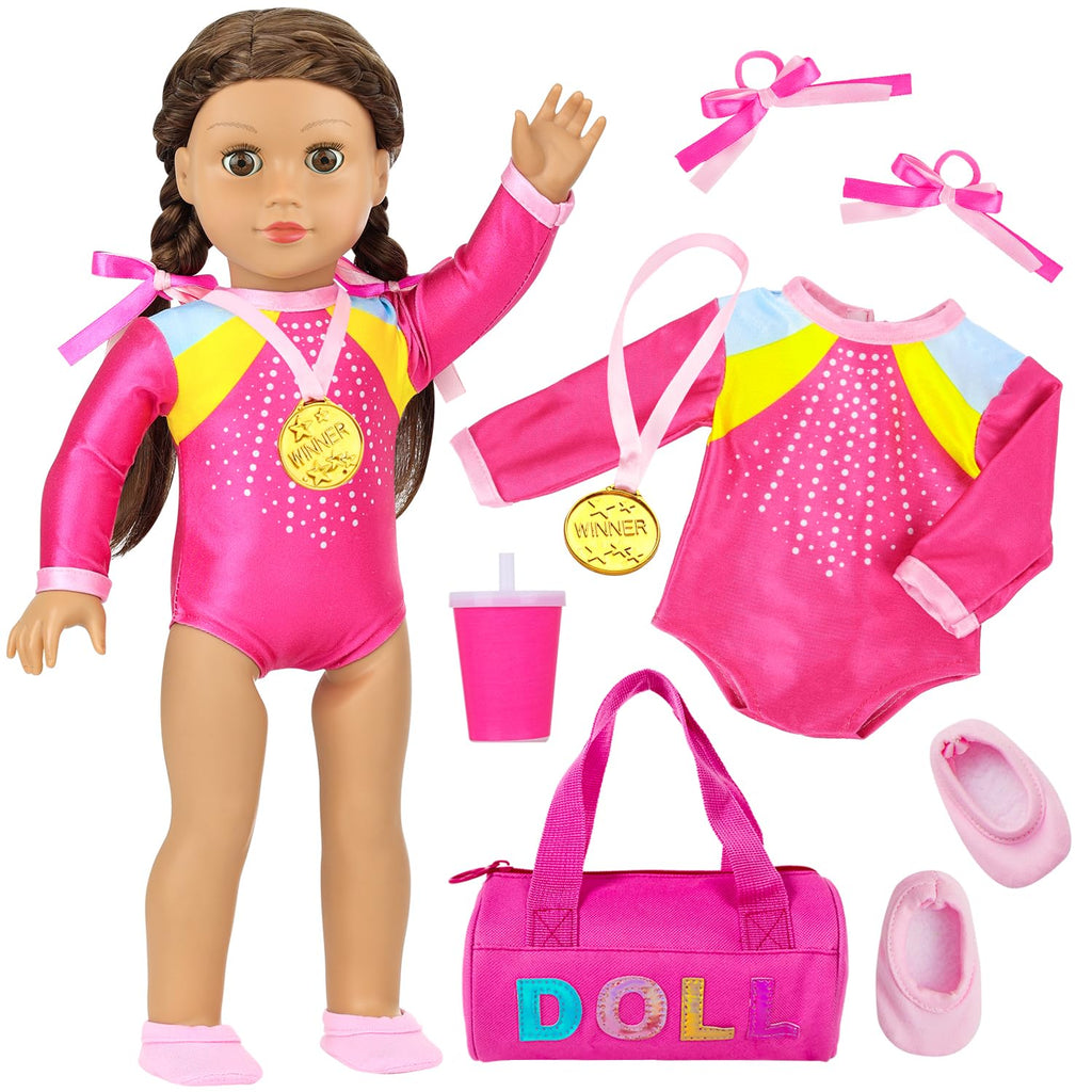K.T. Fancy 18 Inch Doll Gymnastics Clothes Set - Pink Leotard, Shoes, Gym Bag, Olympic Medal, Water Bottle & Hair Accessories for Play ?Doll Not Included?
