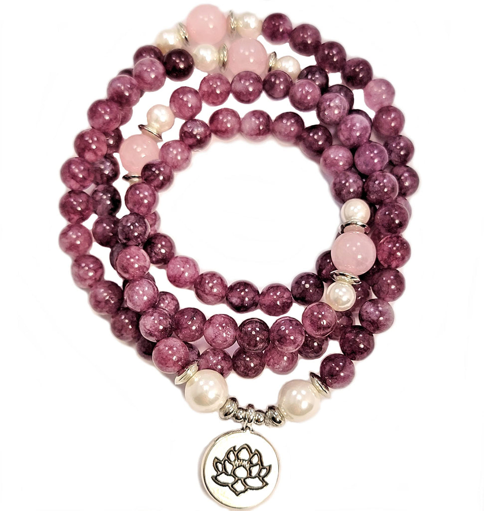 Emotional Healer Japa Mala Necklace – 108 Beads – Real Lepidolite, Rose Quartz & South Sea Pearl – Lotus Charm – USA Handmade Yoga Meditation Jewelry for Chakra Healing & Stress Relief