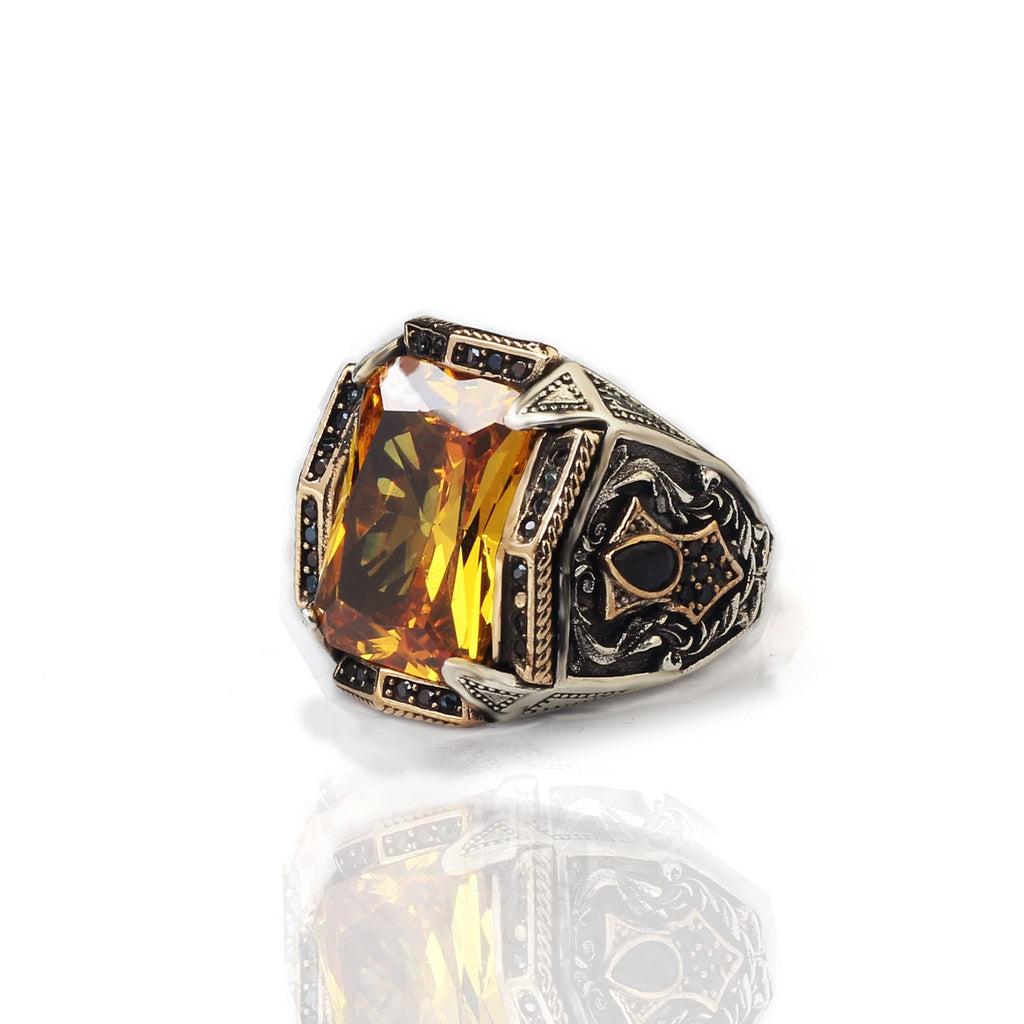 BayVog 925 Sterling Silver Citrine Stone Men Silver Ring, Citrine Stone Men's Ring, Handmade Engraved Men's Ring, Turkish Silver Ring