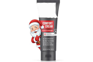 Tube of 'Happy Nuts' comfort cream with a cartoon Santa Claus on a white background