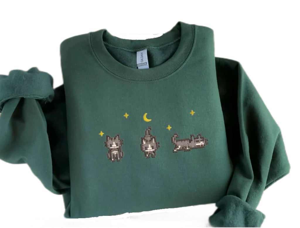 Stardew Valley Cat EMBROIDERED Sweatshirt – Cozy Gamer Fashion, Cute Gaming Attire, Ideal Gift for Gamers Forest Green