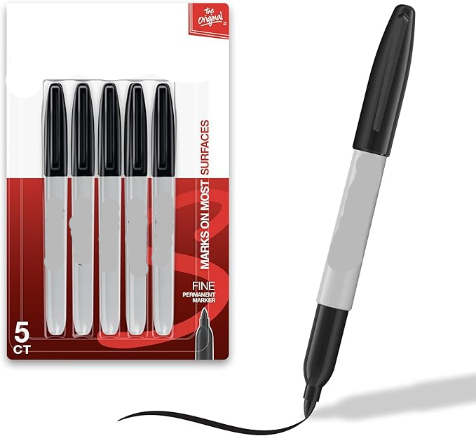 Sharpie black marker with packaging displaying '5 CT' and product details.