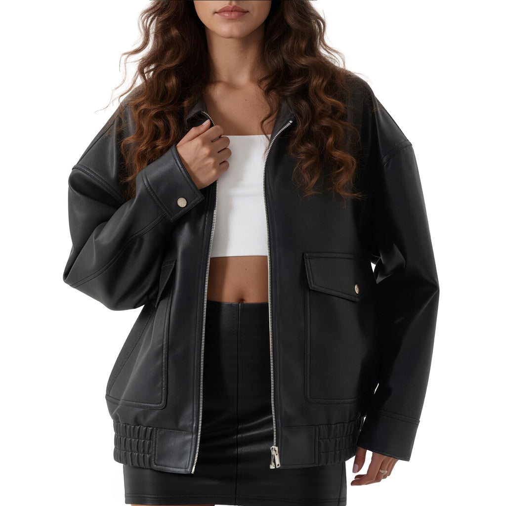 Vanmolrsa Oversize leather jacket women - trendy lightweight jacket with Double Pockets, Adjustable Cuffs, faux leather Moto