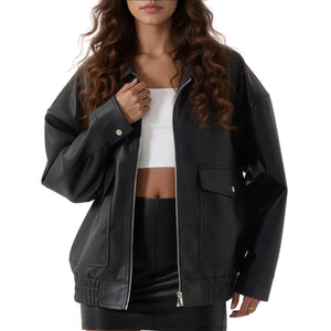 Vanmolrsa Oversize leather jacket women - trendy lightweight jacket with Double Pockets, Adjustable Cuffs, faux leather Moto
