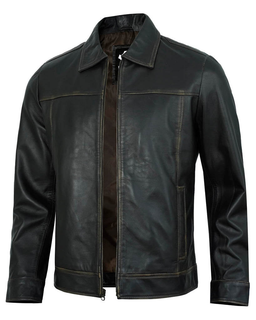 UrbanFocal Vintage Leather Jacket Men - Real Lambskin Classic Turn Down Collar Leather Jackets For Mens