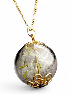 Make a Wish Necklace with Real Dandelion Seeds - 925 Sterling Silver Gold Plated - 27inch/70cm Chain - Gold Plated Real Silver - Handmade in Germany - Gift Box