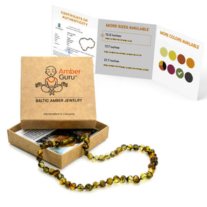 Amber Guru Baltic Amber Necklace (Authentic, Certified) - 12.5 inches - Unisex Jewelry - Green (Polished) - Real Amber Beads - Proud to Deliver Genuine Baltic Sea Wonder Handcrafted