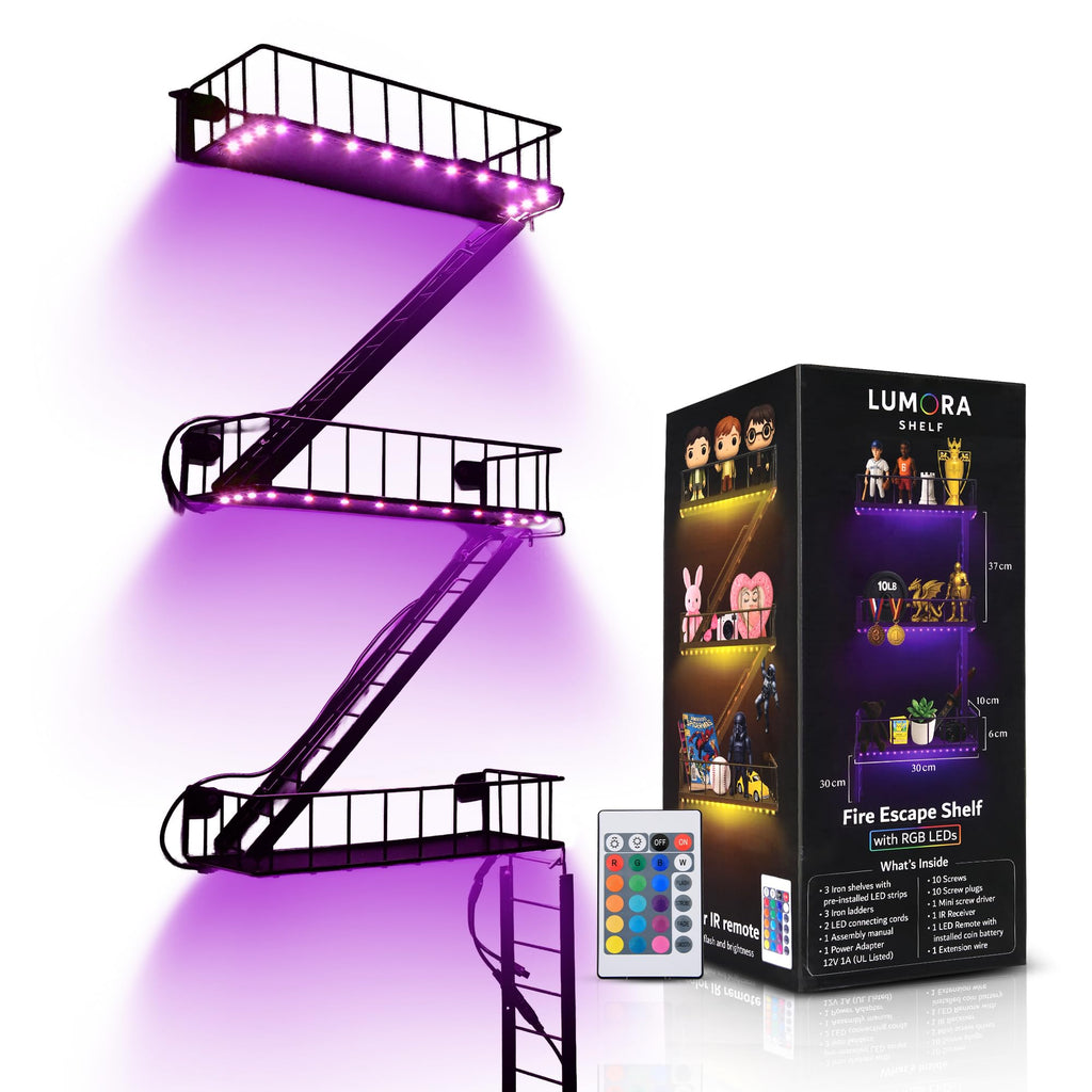 Fire Escape Shelf with Built-in LED Lights and 16 Color Remote, 3 Tier Wall Mounted Floating Shelves, Figurine Display Wall Shelf for Trinkets, Action Figures, Collectibles, Gaming, Black Iron Metal