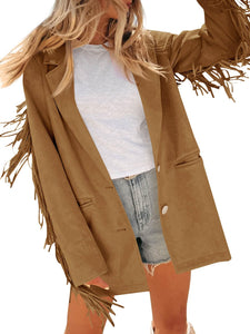 Cicy Bell Womens Faux Suede Fringe Jacket Casual Blazer Long Sleeve Lapel Button Front Suit Jackets