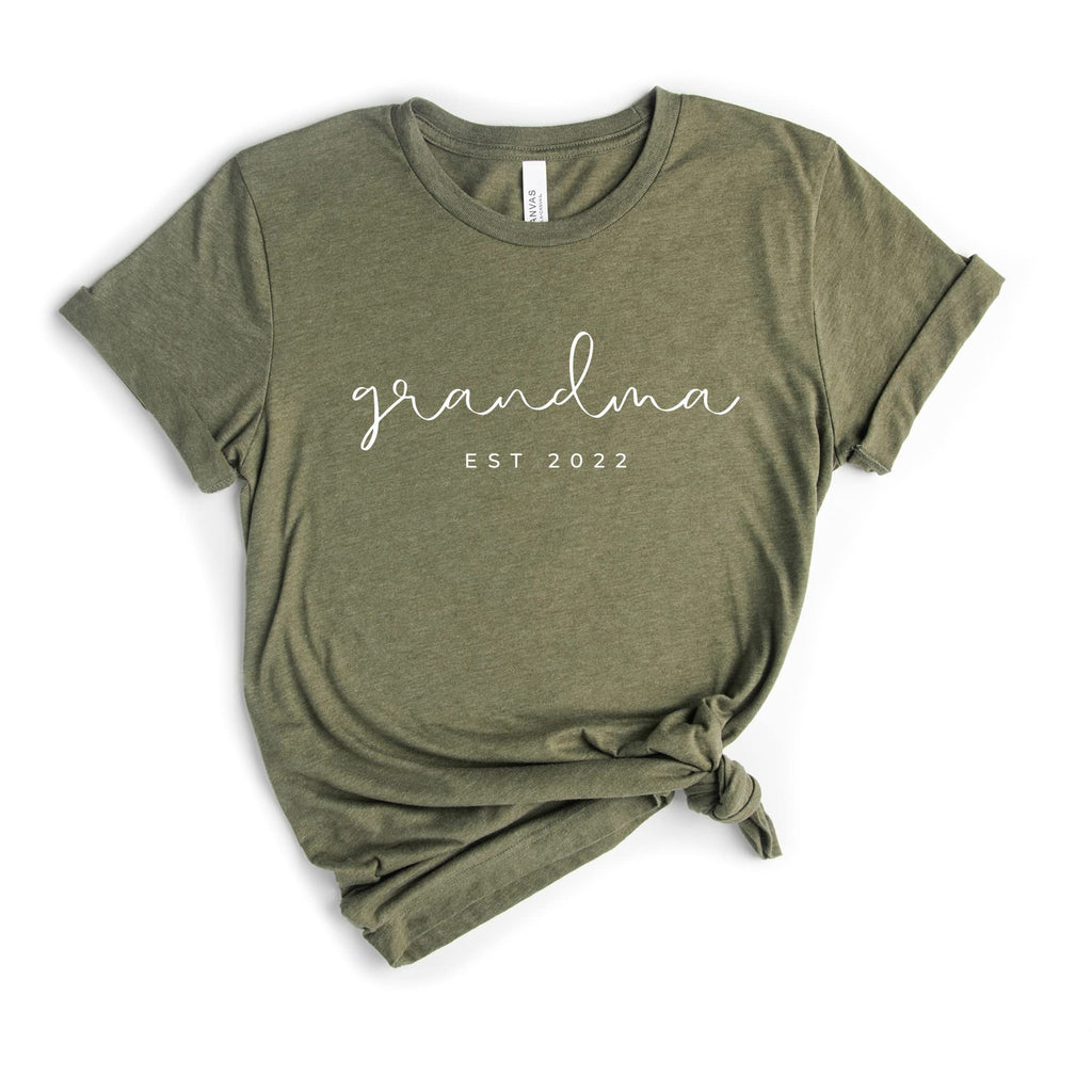 Grandma Est Custom Shirt Funny Cute Graphic Tees Women Letter Print T-Shirt Casual Short Sleeve Tops Heather Olive