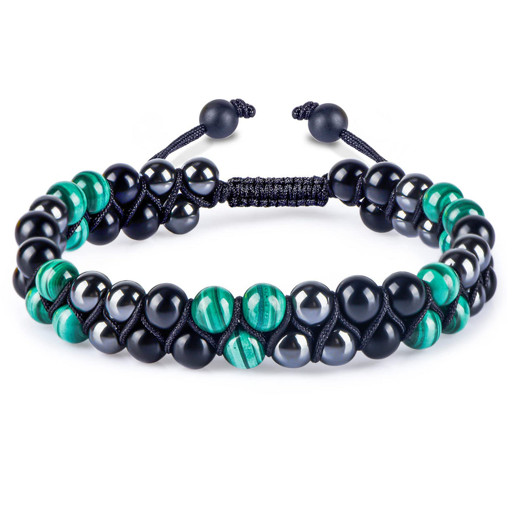 GENASTO Malachite Crystal Black Obsidian Bracelet Hematite Beads Bracelet Genuine Green Healing Crystal Stone Jewelry Protection Bracelet for Stress Relief Gift for Him
