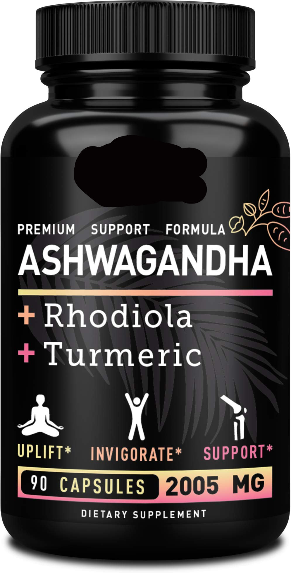 Supplement bottle labeled 'Ashwagandha + Rhodiola + Turmeric' by Zeal Naturals on a black background.