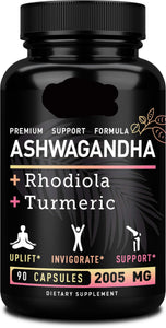 Supplement bottle labeled 'Ashwagandha + Rhodiola + Turmeric' by Zeal Naturals on a black background.