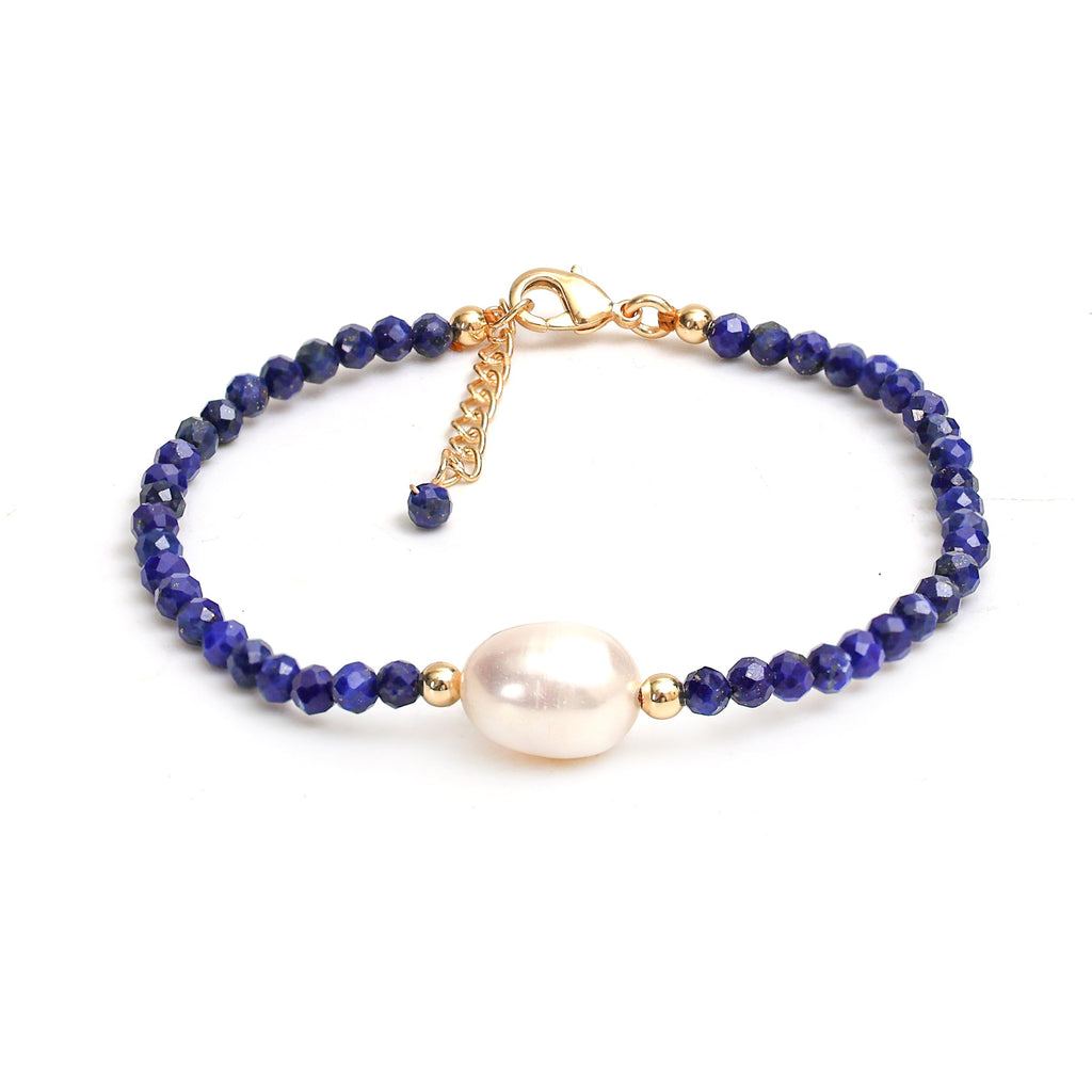 Gempires Handmade Beaded Crystal Bracelets with Freshwater Pearl Gemstone Jewelry Hypoallergenic 7.5 Inch Gold Plated Everyday Wear Bracelet Gifts (Lapis Lazuli)