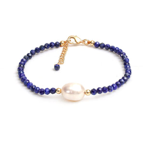 Gempires Handmade Beaded Crystal Bracelets with Freshwater Pearl Gemstone Jewelry Hypoallergenic 7.5 Inch Gold Plated Everyday Wear Bracelet Gifts (Lapis Lazuli)