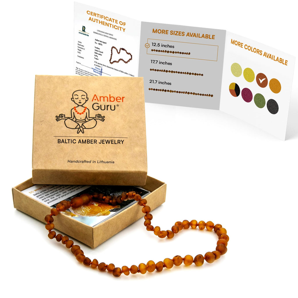 Amber Guru Baltic Amber Necklace (Authentic, Certified) - 12.5 inches - Unisex Jewelry - Cognac (Raw/Unpolished) - Real Amber Beads - Proud to Deliver Genuine Baltic Sea Wonder Handmade