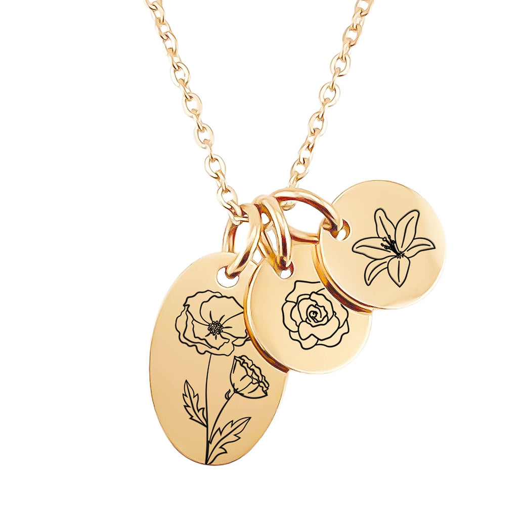 Birth Flower Necklace, Customize your Birth Month Flowers, Mothers Day Gift from Kids, Silver, Gold, Rose Peronalized Jewelry for Her