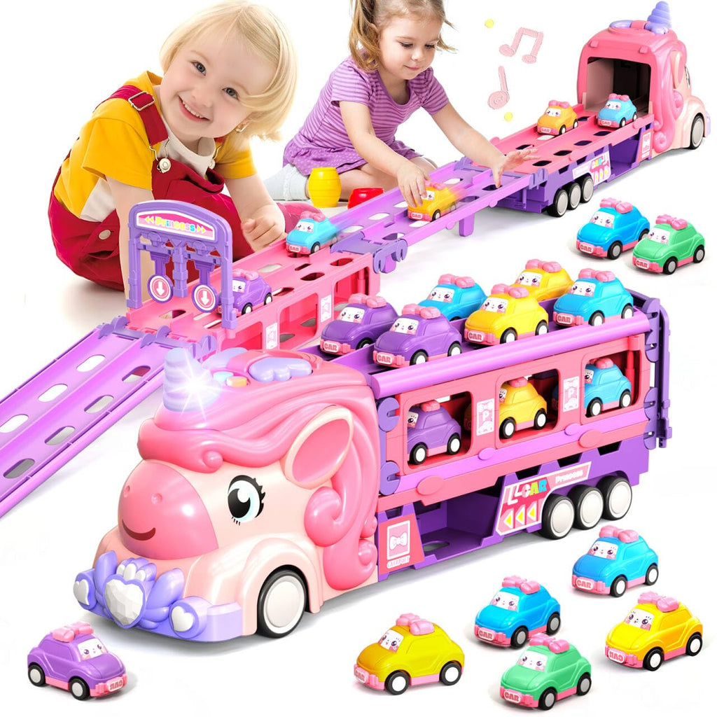 Car Toys for 3 4 5 6 7 Year Old Toddler Girl, Unicorn Toys Truck & Foldable Race Track W/Light & Sound, Friction Power Toy Cars W/ 9 Princess Cars, Birthday Gift for Kids Girls Age 4-6