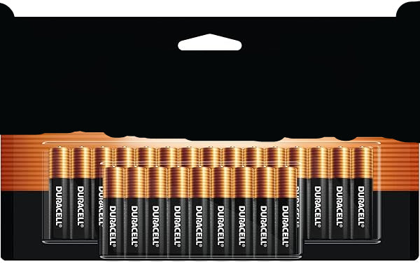 Pack of Duracell AAA batteries with 'Power Boost' label on a black and orange background