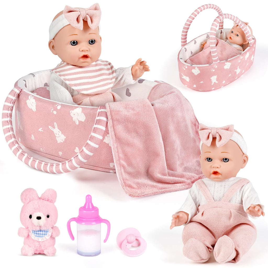 Dreamon 12'' Baby Doll Playset with Carrier Bassinet Bed, 11PCS Baby Doll Accessories Includes Pacifier, Blanket, Pillow, Diaper, Pretend Play Set Baby Doll Care Toys Gifts for Kids Girls