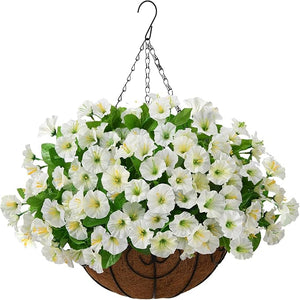 Homsunny Artificial Fake Hanging Flowers Plants Basket for Outdoors,Artificial Petunias for Outdoor Fake Silk Flowers Porch Patio Courtyard Spring Summer Decor(Green White)