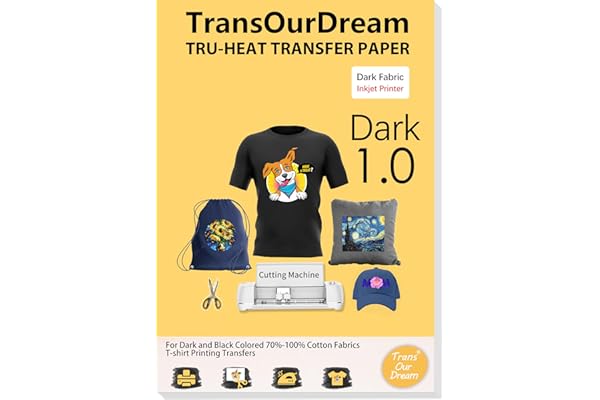 TransOurDream Tru-Iron on Heat Transfer Paper for Dark Fabric (20 Sheets, 8.5x11") T Shirt Transfers Paper for Inkjet Printer Printable Heat Transfer Vinyl for T-Shirts (TOD-7)