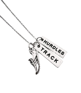 Pewter RUN TRACK HURDLES Necklace - Pewter Running Shoe Charm, Pewter TRACK Pendant and Pewter HURDLES Pendant on 18 inch Stainless Steel Cable Chain - All Pewter