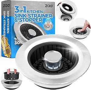 Upgraded 3in1 Kitchen Sink Drain Strainer & Sink Stopper, Stainless Steel Kitchen Drain Plug & Sink Installation Parts with Anti-Clogging Basket, Fit US Standard 3-1/2'' Sink Drain Hole, Silver