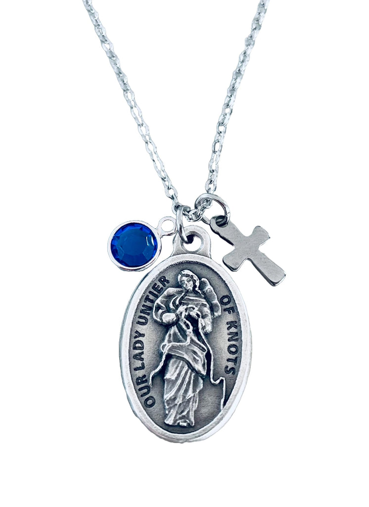 Mary Undoer of Knots Necklace – Silver Our Lady Untier of Knots Catholic Medal with Cross & Birthstone – Religious Jewelry Gift for Women & Teens – Inspirational Handmade Faith Necklace