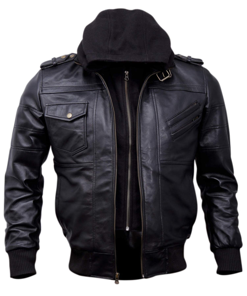 Mens Genuine Black Hooded Bomber Leather Jacket | Real Lambskin Waxed Brown Leather Jackets for Men with Removable Hood