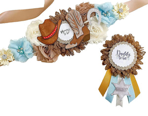 Blue & Brown Cowboy Baby Shower Sash – Mom to Be Maternity Sash with Matching Dad Pin, Western Theme Party Accessory