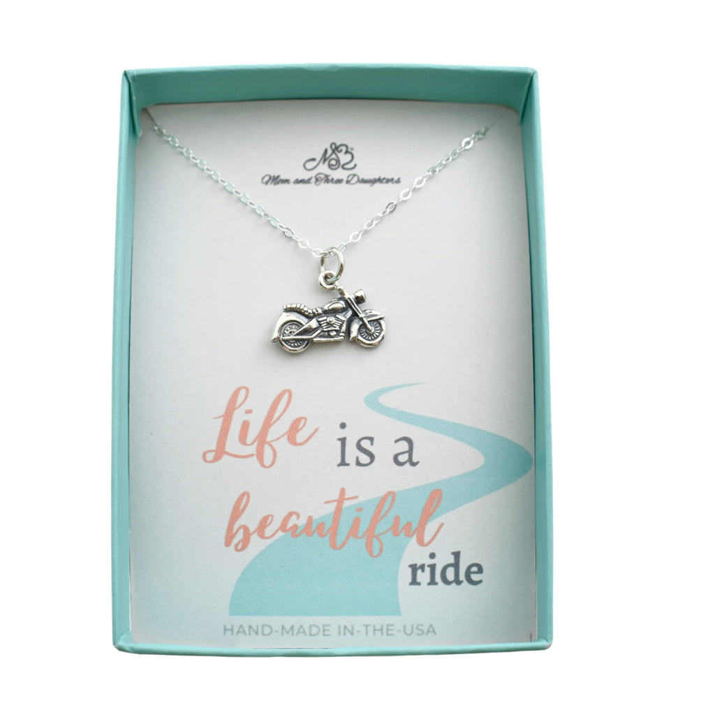 MOM & THREE DAUGHTERS Motorcycle Charm Pendant in 925 Sterling Silver | 18" Cable Chain | Motorcycle Jewelry for Women